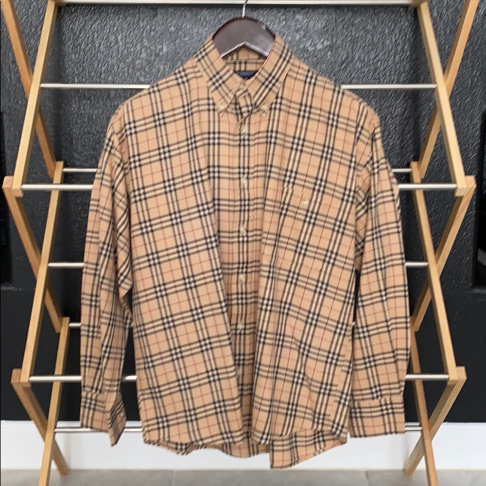 BROWN AND BLACK PLAID BURBERRY LONG SLEEVE SHIRT